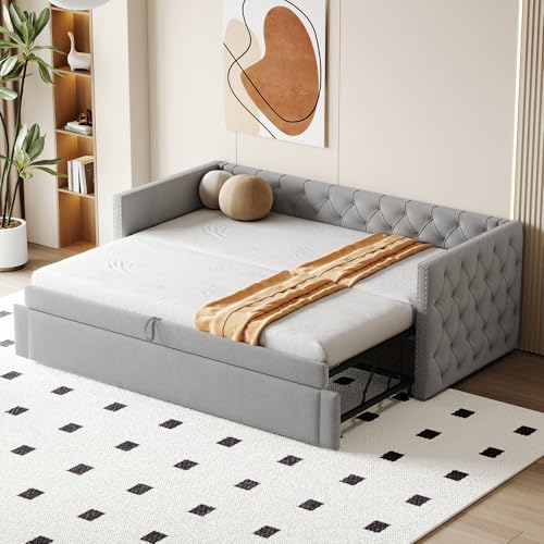 Polsterbett Ausziehbares Schlafsofa, 90*200 cm, Klassische Vollform mit Knöpfen, Mit Lattenrost, Multifunktionales Bett-Gästebett, Hautfreundlicher Samtstoff, Hellgrau (Matratze nicht enthalten) von Aunvla