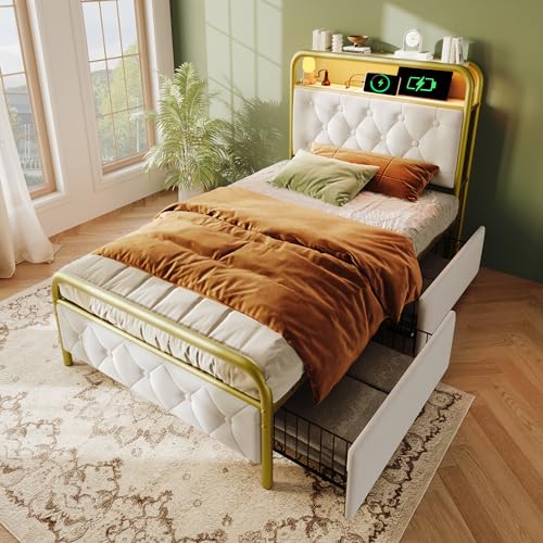 Polsterbett Einzelbett mit Aufladen USB Type C Ladefunktion APP-Control LED Bettgestell Metallbett 90×200 Bettrahmen und 2 Schubladen, Samt (Mit Matratze) von Aunvla