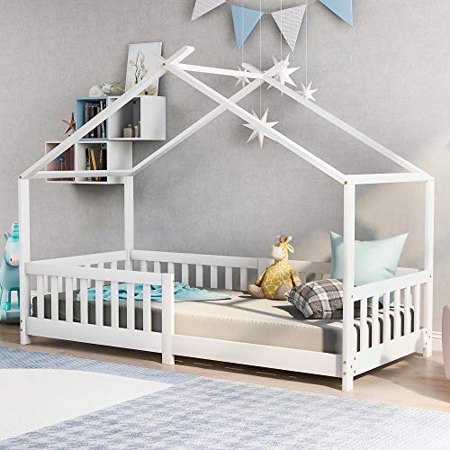Schönes Hausbett Kinderbett,Vollholz mit Zaun und Lattenrost, mit Rausfallschutz für Kinder- und Jugendzimmer,Weiß (90x200cm) von Aunvla