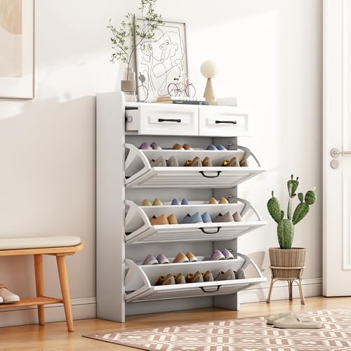 Schuhschrank, bestehend aus DREI großen Klappen und Zwei Schubladen, Holzschuhschrank, Schuhregal, Geeignet für Eingangsbereiche und Wohnzimmer - Maße: B80/T23.5/H125 cm(RN3190867AAW) von Aunvla