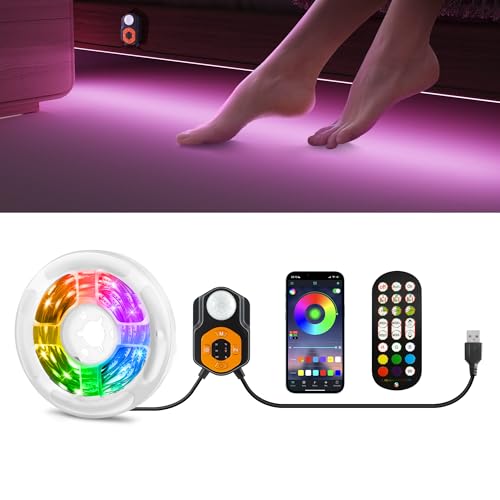 Auplf Led Streifen mit PIR Bewegungssensor 3m RGB Led Strip mit App-Steuerung und 2.4G RF-Fernbedienung,LED Bettlicht Nachtlicht mit Bewegungsmelder für Bett Kleiderschrank Treppendekoration von Auplf