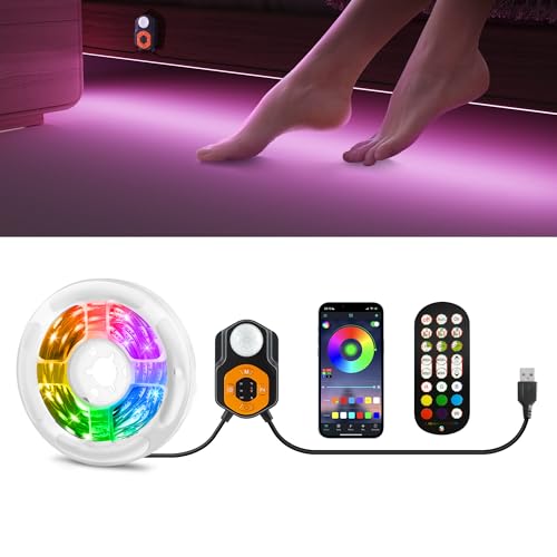 Auplf Led Streifen mit Bewegungsmelder 3m RGB Led Strip mit App-Steuerung und 2.4G RF-Fernbedienung,LED Bettlicht Nachtlicht mit Bewegungsmelder für Bett Kleiderschrank Treppendekoration von Auplf