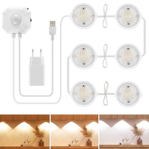 Auplf Schrankbeleuchtung Led Bewegungssensor, 6 Stück Unterbauleuchte Küche Led 3 Farben Bewegungsmelder Licht mit Selbstklebend, USB-Betrieb, Dimmbar Unterbauleuchte für Kleiderschrank, Treppe, Küche Auplf Schrankbeleuchtung Led Bewegungssensor, 6 Stück Unterbauleuchte Küche Led 3 Farben Bewegungsmelder Licht mit Selbstklebend, USB-Betrieb, Dimmbar Unterbauleuchte für Kleiderschrank, Treppe, Küche von Auplf