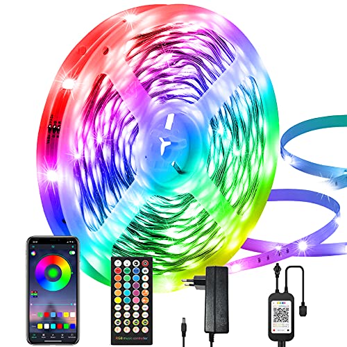 LED-Streifen, 15 Meter, Bluetooth, flexibler LED-Streifen, wechselt die Farbe der Musik-Synchronisation mit App-Steuerung und 40 Tasten IR-Fernbedienung, Haus, Küche von Auplf