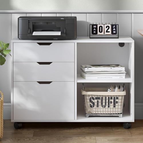 AuraCraft Aktenschrank,Rollcontainer,Büroschrank,Aufbewahrungsschrank aus Holz auf Rollen,Mit 3 Schubladen und 2 offenen Ablagen,79.5x40x62.5CM (Weiß) von AuraCraft