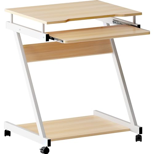 AuraCraft Computertisch mit Rollen, Z-förmiger Schreibtisch, PC-Tisch, Computertisch mit 4 Rädern, PC-Tisch einfachere Installation für kleine Räume, Home Office (Eiche Weiß, 60X48X73CM) von AuraCraft