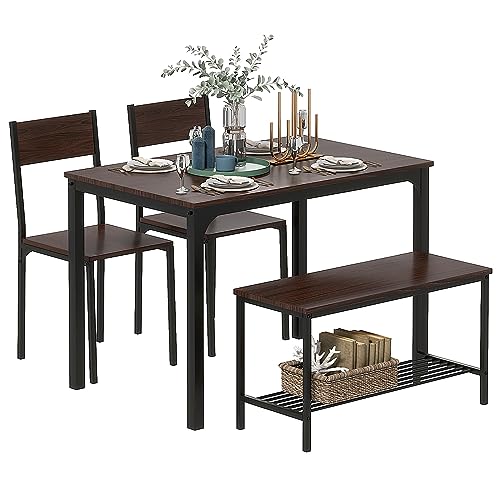 Esstisch-Set Essgarnitur 110 cm Küchentisch-Set für 4 Personen, 2 Stühle mit Rückenlehne, 2-Personen-Bank mit Ablagefach, Nesting-Möbel-Set für das Esszimmer (Dunkles Walnussholz, 110x70x76CM) von AuraCraft