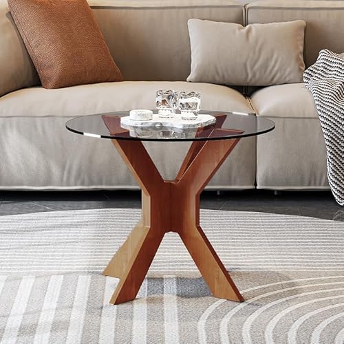 Runder Couchtisch aus Glas mit Gekreutzem Holzsockel, Moderne Beistelltische gehärtetem Glas, Kleiner Teetisch für Wohn- und Schlafzimmer Wohnzimmertisch Sofatisch (Grau, Ø: 50cm) von AuraFurn