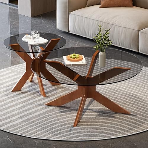 Runder Couchtisch aus Glas mit Gekreutzem Holzsockel, Moderne Beistelltische gehärtetem Glas, Kleiner Teetisch für Wohn- und Schlafzimmer Wohnzimmertisch Sofatisch (Grau, Ø: 50cm+80cm) von AuraFurn