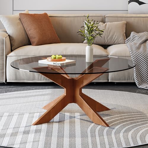 Runder Couchtisch aus Glas mit Gekreutzem Holzsockel, Moderne Beistelltische gehärtetem Glas, Kleiner Teetisch für Wohn- und Schlafzimmer Wohnzimmertisch Sofatisch (Grau, Ø: 80cm) von AuraFurn