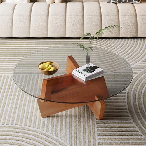 Runder Couchtisch aus Glas mit Gekreutzem Holzsockel, Moderne Beistelltische gehärtetem Glas, Kleiner Teetisch für Wohn- und Schlafzimmer Wohnzimmertisch Sofatisch (Transparent, 80 * 80 * 41) von AuraFurn