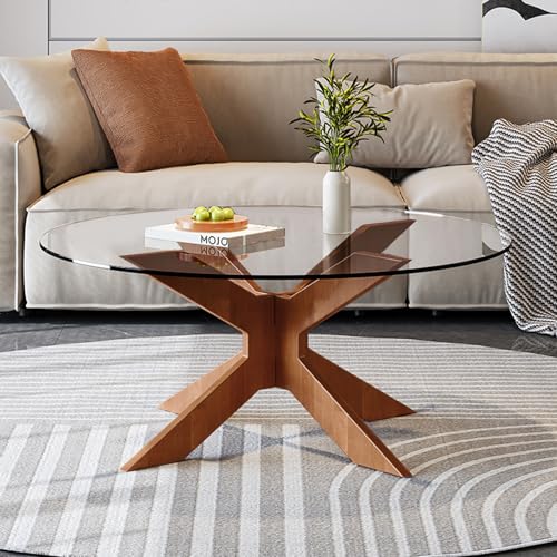 Runder Couchtisch aus Glas mit Gekreutzem Holzsockel, Moderne Beistelltische gehärtetem Glas, Kleiner Teetisch für Wohn- und Schlafzimmer Wohnzimmertisch Sofatisch (Transparent, Ø: 80cm) von AuraFurn