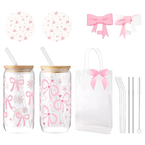 AuraFusion Aesthetic Glass Cups – 2er Set 16 oz Glasbecher mit Schmetterlingsschleife und Blumenmuster, Pinkes Damen-Geschenkset inklusive Deckel und Strohhalm von AuraFusion