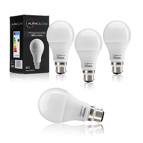 Auraglow 9W LED B22 Bajonett Glühbirne, Warmweiß, 806 Lumen, 60W EQV - VIER PACK von Auraglow