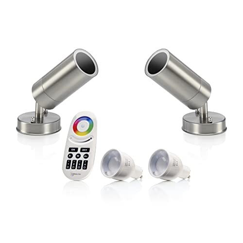 Auraglow Edelstahl Außenferngesteuerte Farbwechsel LED GU10 Wandleuchte Spotlight - Funk-Fernbedienung - Zweierpack von Auraglow