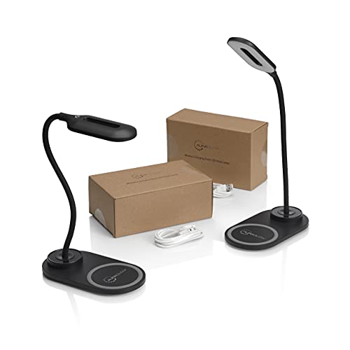 Auraglow LED-Schreibtischlampe mit flexiblem Hals, mit 3 Farbmodi und 10 W kabellosem Qi-Schnellladegerät für Smartphones, Schwarz, 2 Stück von Auraglow