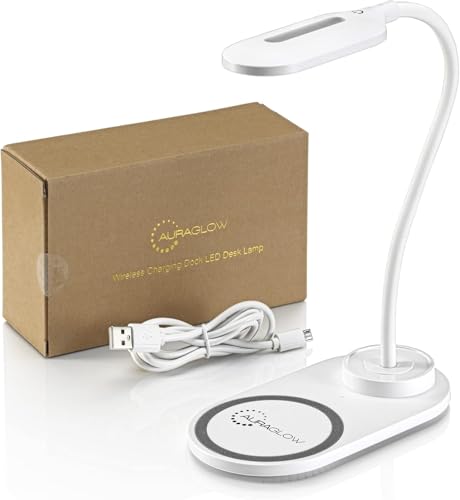 Auraglow LED-Schreibtischlampe mit flexiblem Hals, mit 3 Farbmodi und 10 W kabellosem Qi-Schnellladegerät für Smartphones, Weiß, 1 Packung von Auraglow