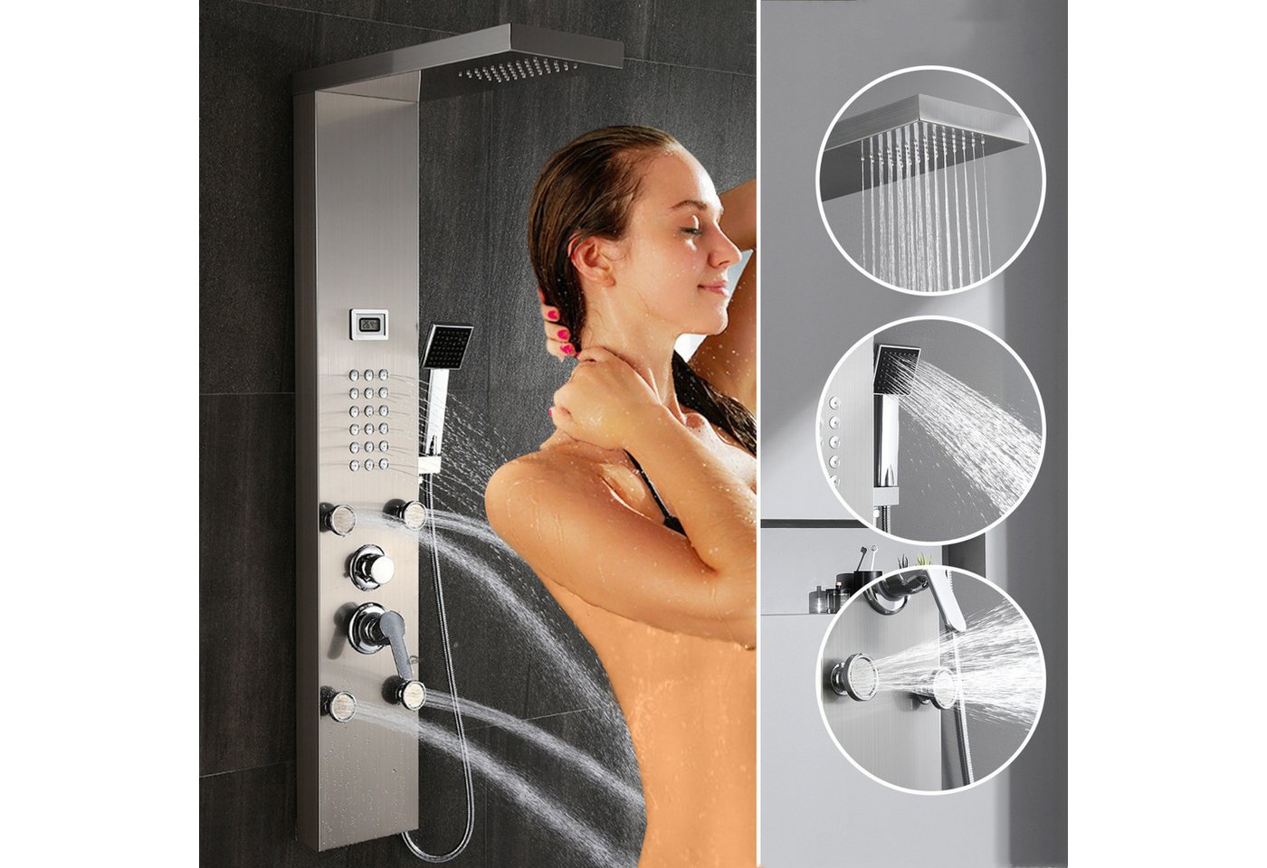 Auralum Max Duschsystem Brausegarnitur LCD Duschpaneel Regendusche Massagedusche, Handbrause, 4 Strahlart(en), Multifunktion Duschpaneel Edelstahl für Badezimmer Dusche von Auralum Max