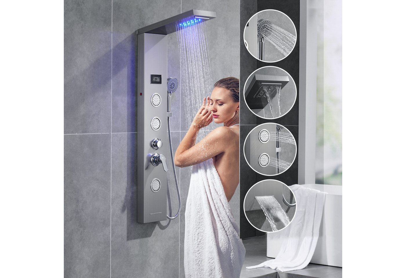 Auralum Max Duschsystem Brausegarnitur LCD Duschpaneel Regendusche Massagedusche, Handbrause, 4 Strahlart(en), Multifunktion Duschpaneel Edelstahl für Badezimmer Dusche von Auralum Max