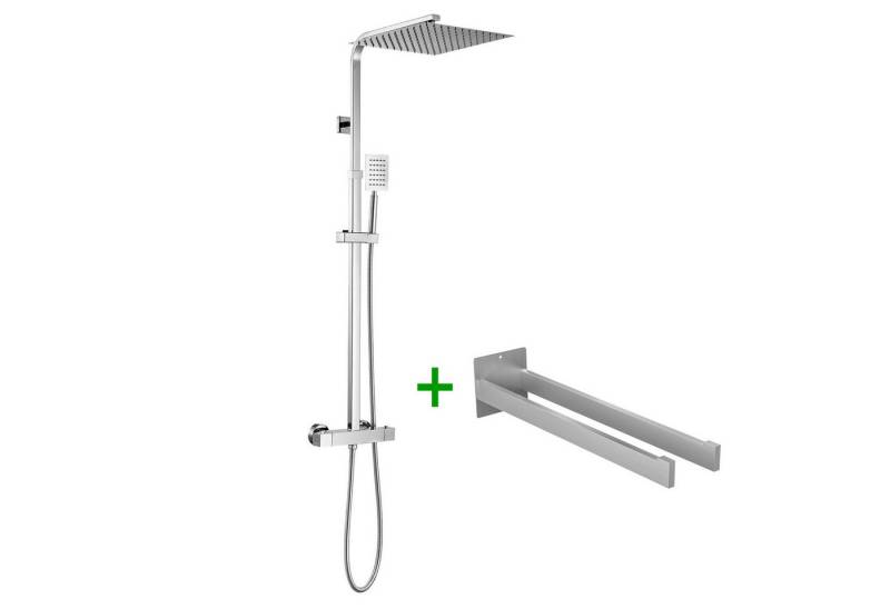 Auralum Max Duschsystem Duschset mit Theramostat Regendusche Handbrause +Doppelhandtuchhalter, Edelstahl Duschset Duschsäule mit Ohne Bohren Handtuchhalter von Auralum Max