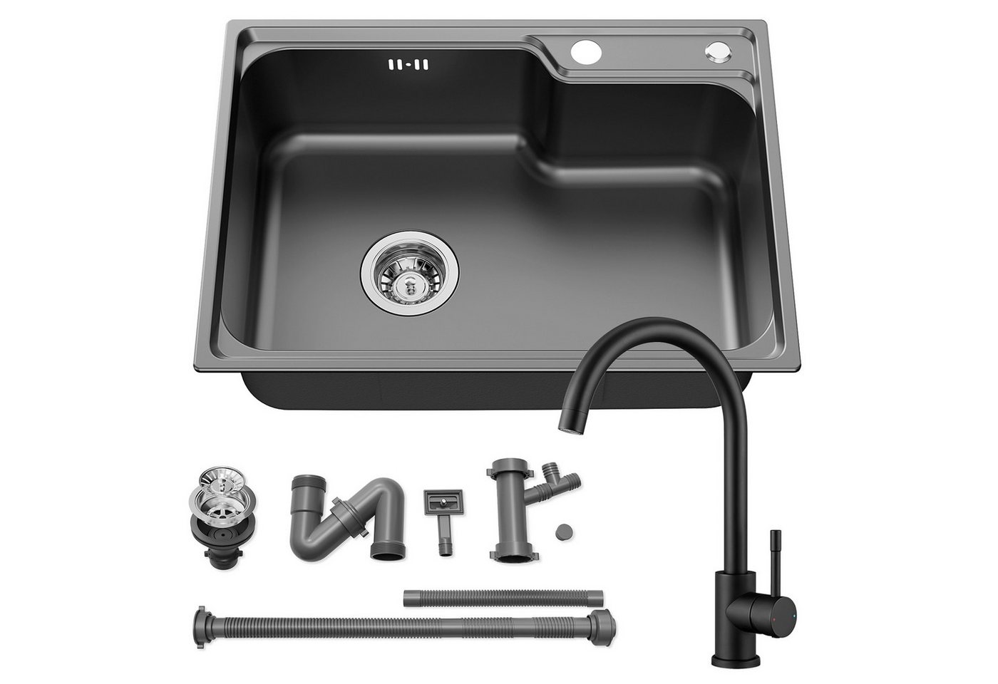 Auralum Max Edelstahlspüle 62 x 45 cm Küchenspüle + Hochdruck Küchenarmatur(Höhe 346mm), Aufsatz Spüle mit Siphon Ab- und Überlaufgarnitur, für ab 60 cm Unterschrank von Auralum Max