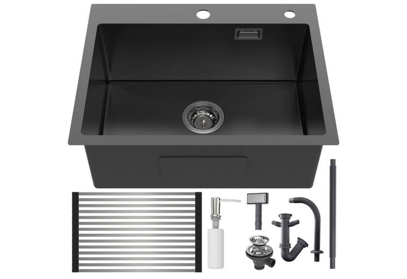 Auralum Max Edelstahlspüle Edelstahl Küchenspüle 58 x 45 cm mit Siphon Einbauspüle Spülbecken, für ab 60 cm Unterschrank, inkl. Seifenspender, Abtropfgitter, Anthrazit von Auralum Max