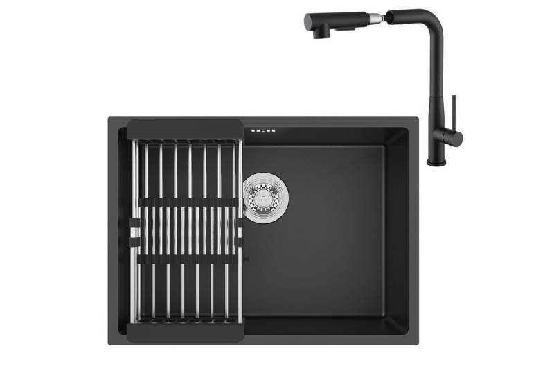 Auralum Max Edelstahlspüle Edelstahl Küchenspüle Einbauspüle 60x44cm Spülbecken +Abtropfkorb, inklusive Ausziehbarer 2 Strahlarten Küchenarmatur, Küchenspüle mit Drei Installationsmethoden von Auralum Max