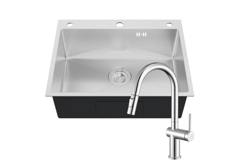 Auralum Max Edelstahlspüle Edelstahl Küchenspüle Einbauspüle 60x49cm Spülbecken + Küchenarmatur, mit 3 Befestigungslöcher, mit 2 Strahlarten 360° Schwenkbar Ausziehbar Armatur von Auralum Max