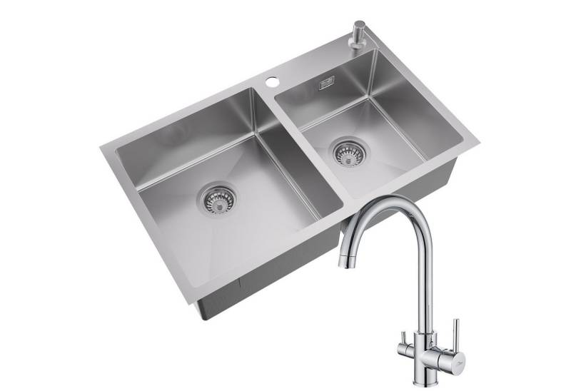 Auralum Max Edelstahlspüle Küchenspüle Siphon Einbauspüle 75x45 cm Spülbecken mit Trinkwasserhahn, Spüle mit Seifenspender und 3 Wege Küchenarmatur,Gebürstet von Auralum Max