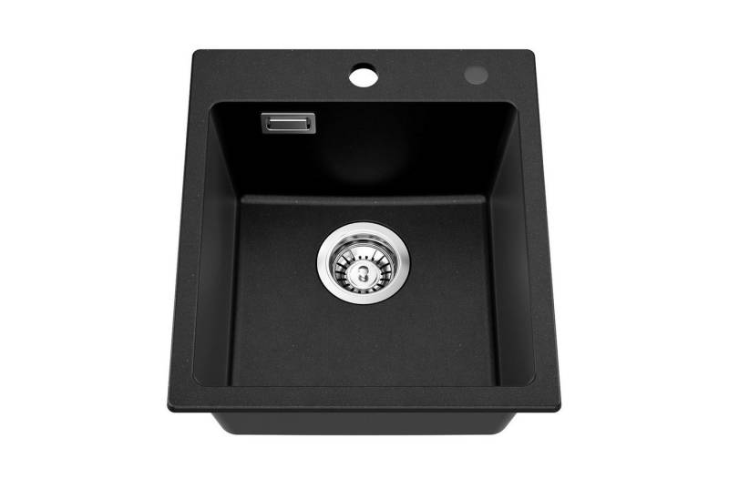 Auralum Max Granitspüle 40 x 45 cm Spülbecken Granit, Schwarz Küchenspüle, klein Granit Einbauspüle mit Siphon Ab- und Überlaufgarnitur von Auralum Max