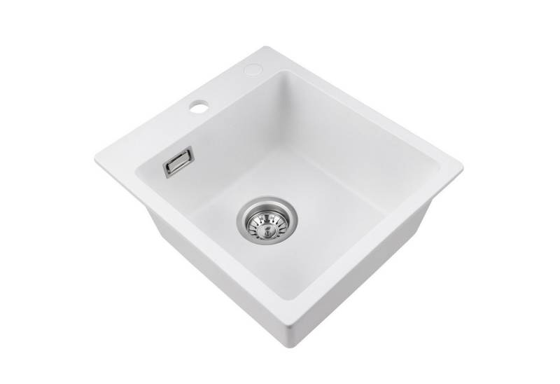 Auralum Max Granitspüle 40 x 45 cm Spülbecken Granit, Weiß Küchenspüle, klein Granit Einbauspüle mit Siphon Ab- und Überlaufgarnitur von Auralum Max