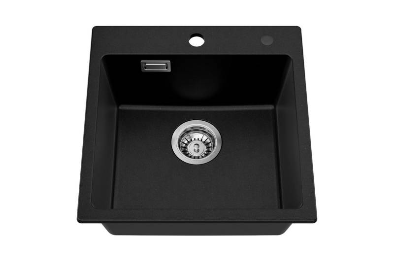 Auralum Max Granitspüle 45 x 45 cm Spülbecken Granit, Schwarz Küchenspüle, klein Granit Einbauspüle mit Siphon Ab- und Überlaufgarnitur von Auralum Max