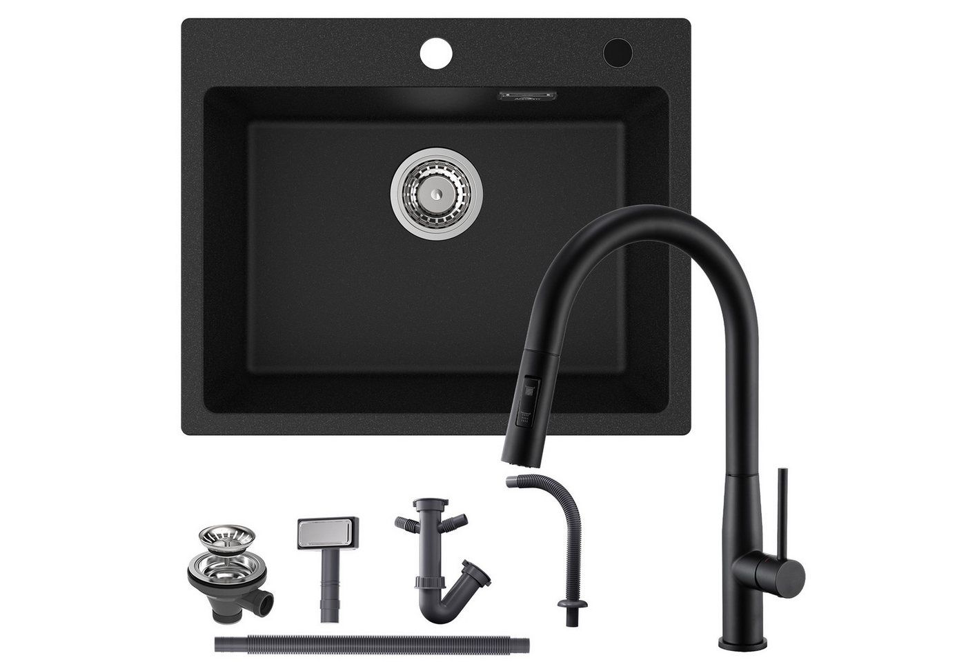 Auralum Max Granitspüle 55 x 45 cm Küchenspüle Granit + Ausziehbare Küchenarmatur(Höhe 380mm), Aufsatz Spüle mit 2 Strahlarten Wasserhahn, für ab 60 cm Unterschrank von Auralum Max