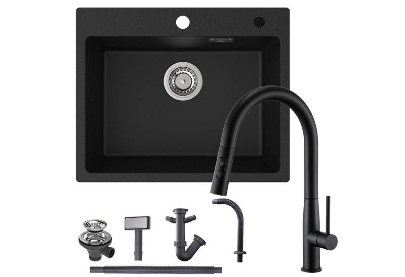 Auralum Max Granitspüle 55 x 45 cm Küchenspüle Granit + Ausziehbare Küchenarmatur(Höhe 380mm), Aufsatz Spüle mit 2 Strahlarten Wasserhahn, für ab 60 cm Unterschrank von Auralum Max