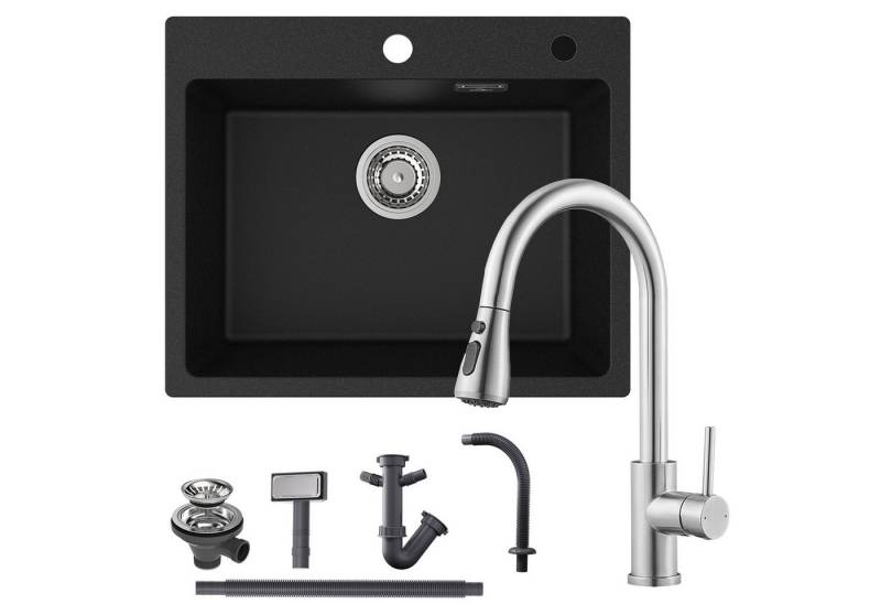 Auralum Max Granitspüle 55 x 45 cm Küchenspüle Granit + Ausziehbare Küchenarmatur(Höhe 391mm), Gebürstet Wasserhahn, Aufsatz Spüle mit 2 Strahlarten Wasserhahn, für ab 60 cm Unterschrank von Auralum Max