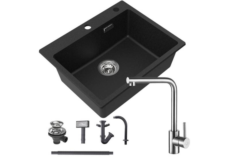 Auralum Max Granitspüle Küchenspüle Granit 55 x 45 cm Spülbecken Spüle + Hochdruck Armatur, Aufsatz Spüle mit Wasserhahn, für ab 60 cm Unterschrank von Auralum Max