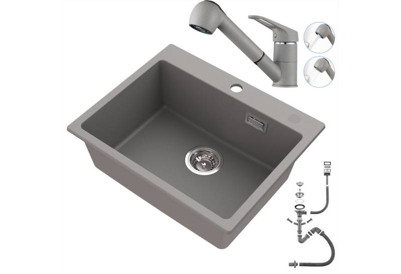 Auralum Max Granitspüle Küchenspüle Armatur Granit Siphon Einbauspüle Spülbecken Spüle, Granit 55x45 cm,Grau von Auralum Max