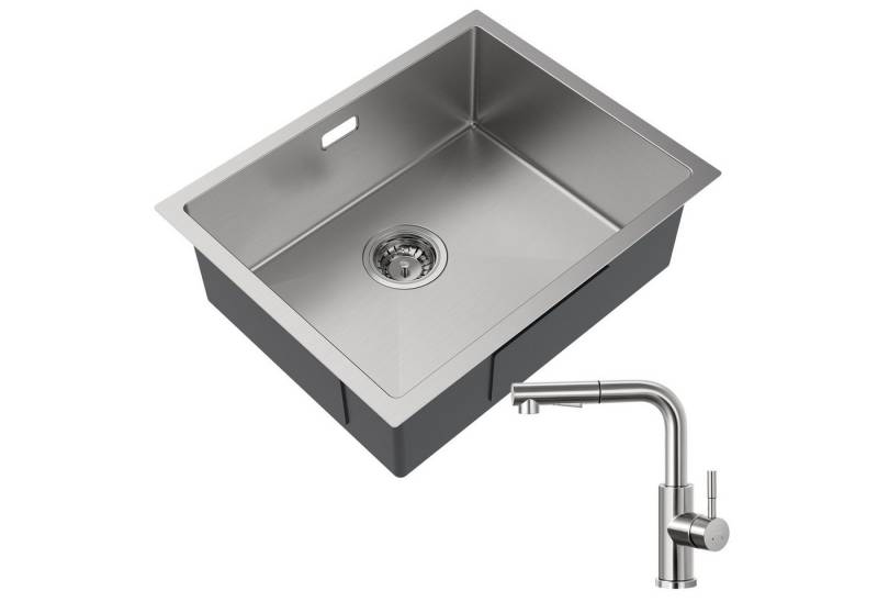 Auralum Max Küchenspüle 55x44cm Spülbecken Küche Edelstahlspüle + Ausziehbar Armatur, Mit Ab-und Überlaufgarnitur, Unterschrank: Ab 60 cm von Auralum Max