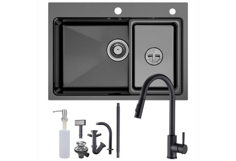 Auralum Max Küchenspüle 68 x 48 cm Edelstahlspüle + 2 Strahlarten Küchenarmatur(Höhe 410mm), Ausziehbare Spültischarmatur, Aufsatz Spüle mit Abtropfkorb und Seifenspender, für ab 80 cm Unterschrank von Auralum Max