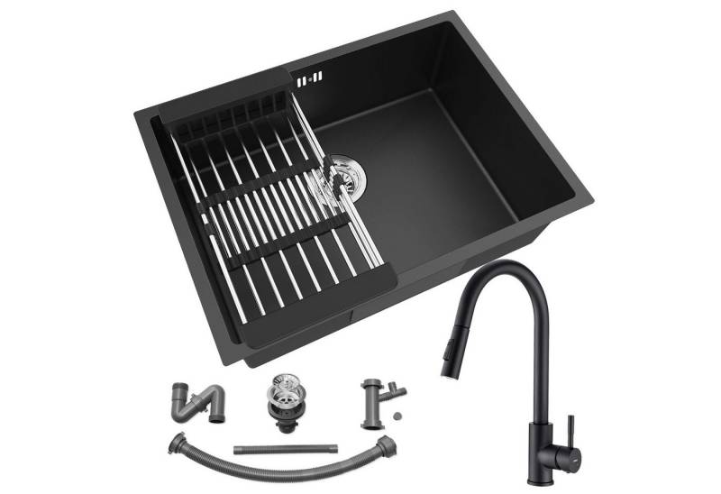 Auralum Max Küchenspüle Edelstahl 60x44cm Spülbecken + Hochdruck Ausziehbar Küchenarmatur, Einbauspüle mit Abtropfkorb, Schwarz Spültischarmatur Höhe 410 mm von Auralum Max