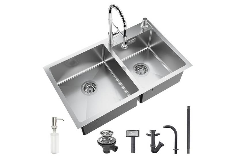 Auralum Max Küchenspüle Edelstahl Doppelspüle Einbauspüle 75x45cm Spülbecken Küchenarmatur, mit 300ml Seifenspender und 360° Ausziehbar Wasserhahn von Auralum Max