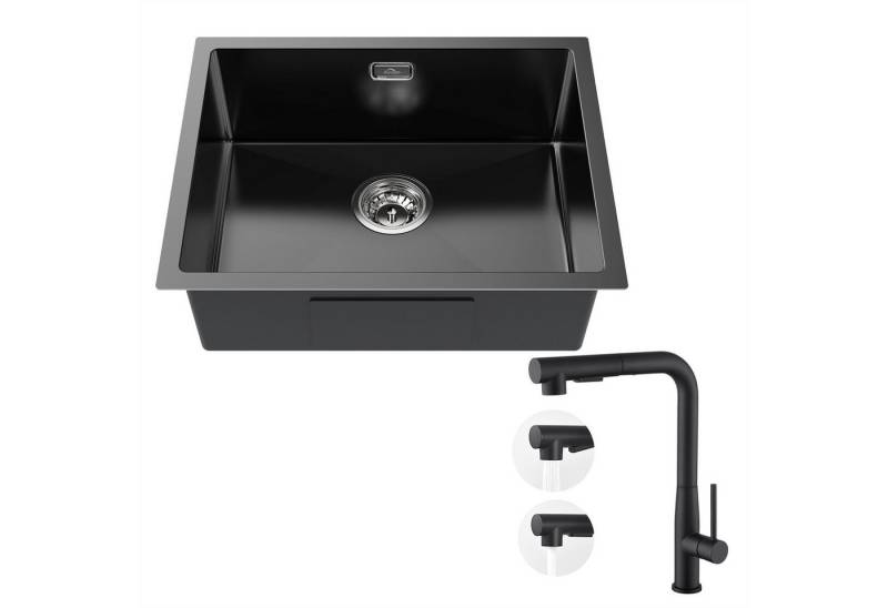Auralum Max Küchenspüle Edelstahl Einbauspüle Eckig Spülbecken mit Abtropffläche Set 55X44cm, mit Ausziehbar Küchenarmatur,Schwarz von Auralum Max