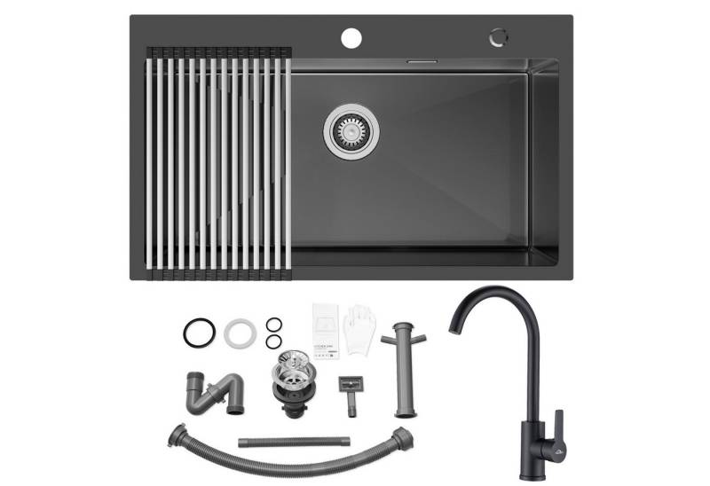 Auralum Max Küchenspüle Edelstahl Einbauspüle Küchenspülbecken 75x45cm mit Abtropfgestell, und Abtropffläche Set, inklusive Küchenarmatur von Auralum Max