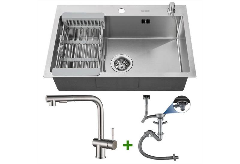 Auralum Max Küchenspüle Edelstahl Einbauspüle Küchenspüle Spülbecken mit Abflusskorb 68*45cm, mit Ausziehbar Küchenarmatur und Seifenspender, Faltbarer Siebkorb von Auralum Max