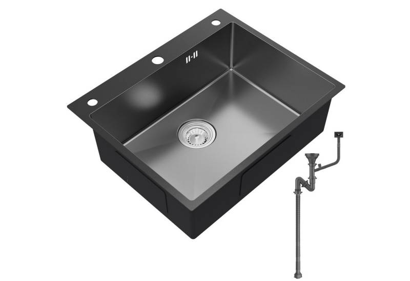 Auralum Max Küchenspüle Edelstahlspüle 60x49cm Spülbecken Einbauspüle mit 3 Befestigungslöcher, Nano Schwarz von Auralum Max