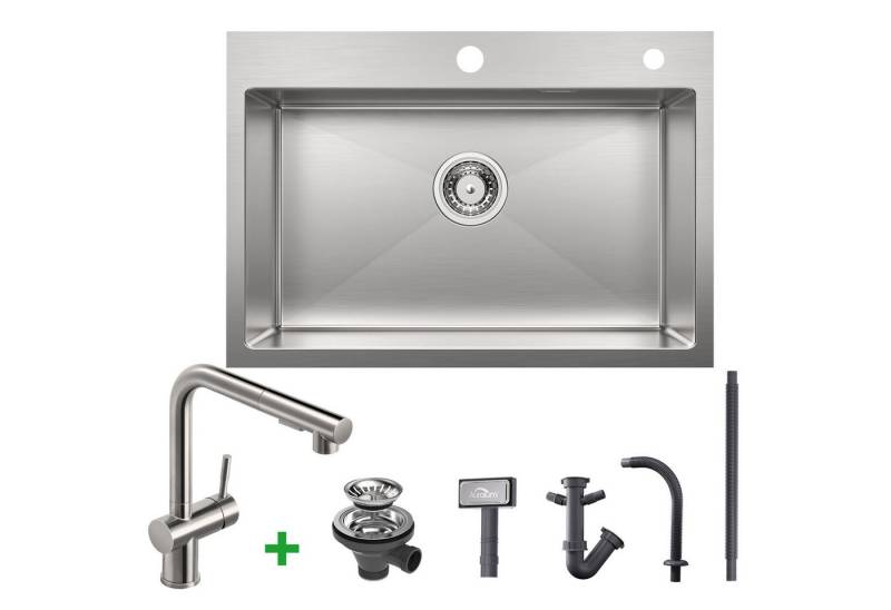 Auralum Max Küchenspüle Edelstahlspüle 65x45cm Edelstahl Spülbecken Aufsatzwaschbecken, mit Ausziehbarer Küchenarmatur, 360° Wasserhah mit Zwei Wasserauslauf-Modi von Auralum Max