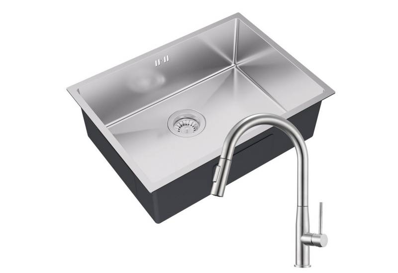 Auralum Max Küchenspüle Edelstahlspüle Einbauspüle 60*44 cm Spülbecken mit Küchenarmatur, mit Ablaufgarnitur Rechteck Spüle, mit Ausziehbar Spültischarmatur von Auralum Max