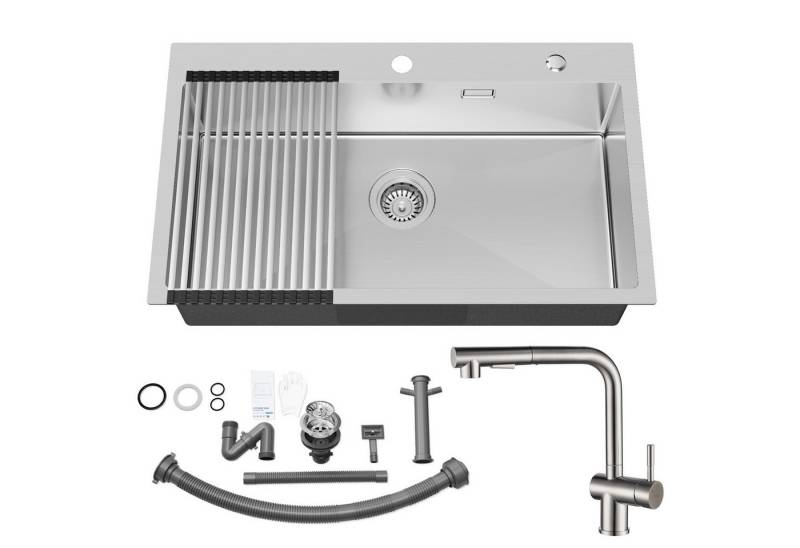Auralum Max Küchenspüle Edelstahlspüle Einbauspüle 75*45*18cm Rechteck Spüle Waschbecken, mit Abtropfmatte, + Ausziehbarer Küchenarmatur, mit 2 Strahlarten Wasserhahn von Auralum Max