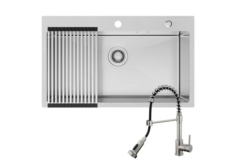 Auralum Max Küchenspüle Handgemachte Edelstahl Einbauspüle 75x45cm XL Eckig Spülbecken, inklusive Ablaufgarnitur und Abtropfgestell, +Spiralfeder Armatur mit 2 Strahlarten von Auralum Max