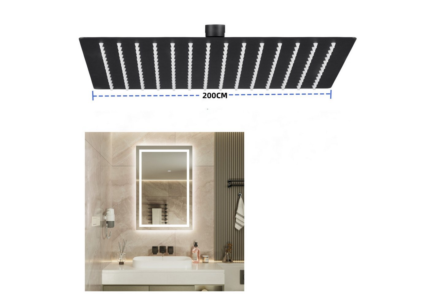 Auralum Max Regenduschkopf Regenduschkopf Edelstahl Kopfbrause Brausekopf Rechteck Duschkopf, (mit LED-Badezimmerspiegel, 1-tlg., Chrom Duschkopf, Schwarz Duschkopf , Massageduschkopf), regenduschkopf 30x30cm, 25x25cm, 20x20cm von Auralum Max